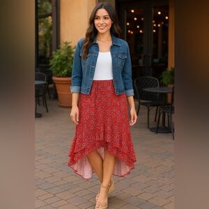 NWT Moda Red Paisley High-Low Ruffle Hem Skirt – Size XL